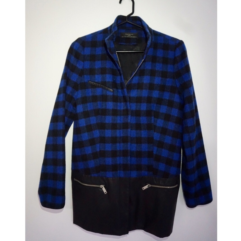 Zara wool plaid and faux leather coat.